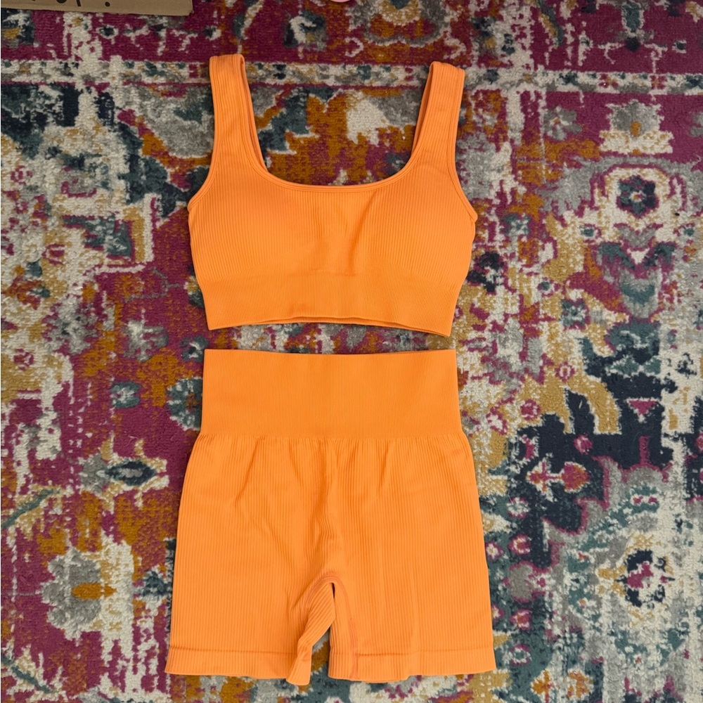 Orange Ribbed Two-Piece workout Set - Picture 2 of 4